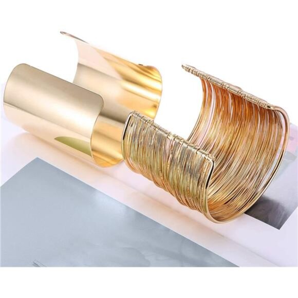 4 Pcs Cuff Bangle Bracelet for Women Open Wide Wire Bracelets Gold Wrist - Picture 7 of 8